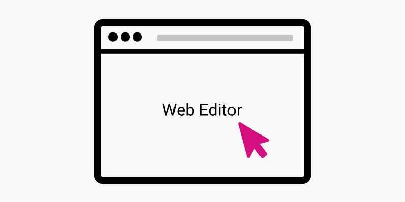 Gráfico de un navegador web con el texto "Editor web" en el medio y un cursor de mouse rosa moviéndose hacia el centro de la imagen.