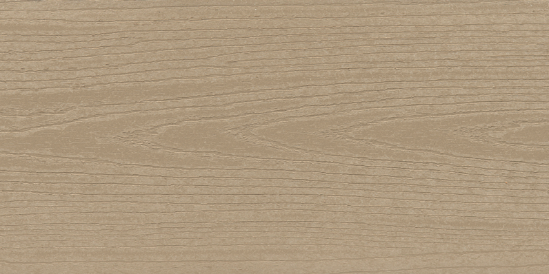 Close-up of a sand/mink, textured composite decking board with visible wood‑grain pattern.