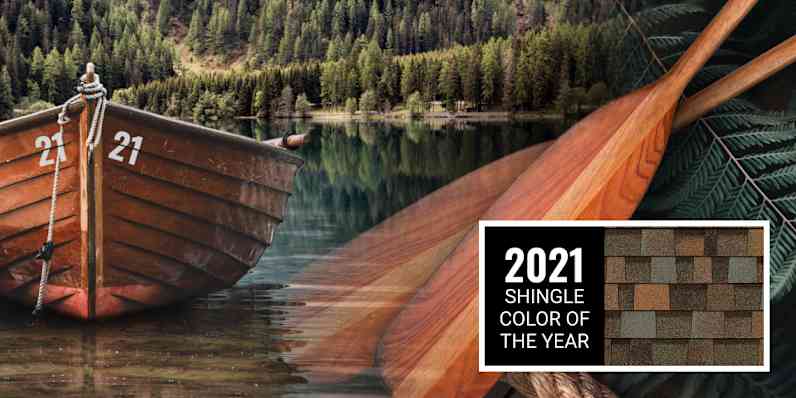 Montage image with a wooden boat in a lake with a scenic wooded landscape behind. Wooden oars and deep green furs also composited for a very earthy, nature-inspired visual. Featured next to the scene is a swatch of Aged Copper shingles, the 2021 Shingle Color of the Year, which have a mix of deep orange, sage green, and brown granules.