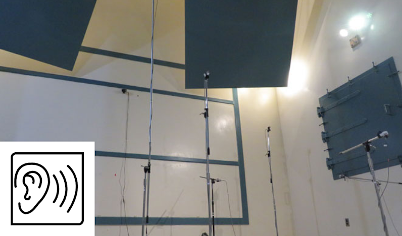 Photo of the interior of the Acoustic Research Center with overlayed icon of an ear with sound waves