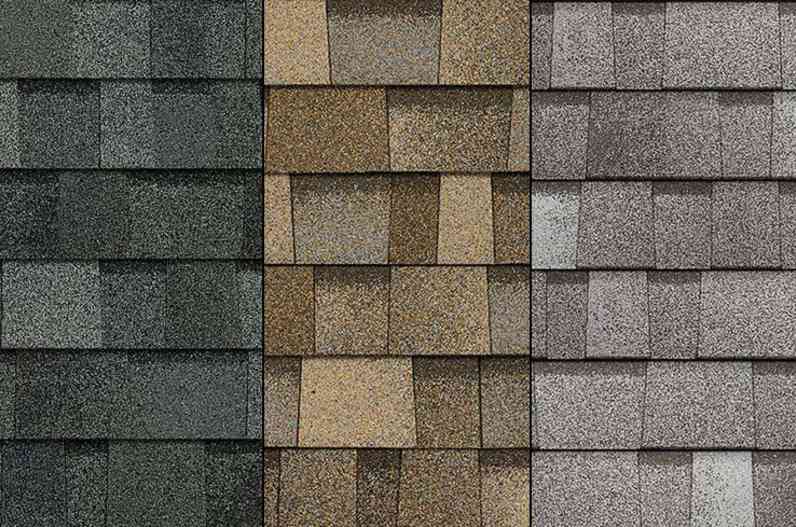 Photo of three different colors of shingles: dark gray, tan, and light gray