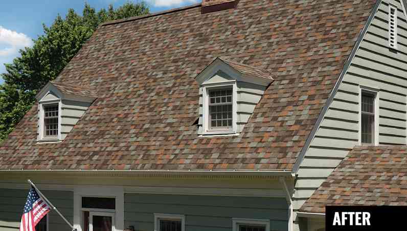 House with tan siding, two dormers with tan windows and Owens Corning Aged Copper shingles.