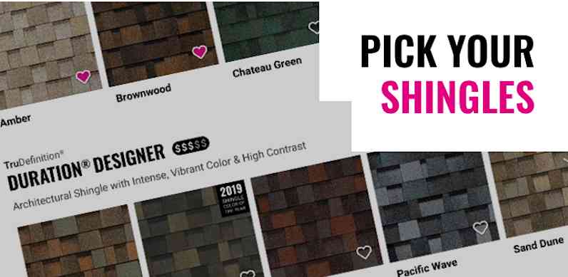 Screenshot of Owens Corning Pick Your Shingles web page with text "Pick Your Shingles" in top right corner