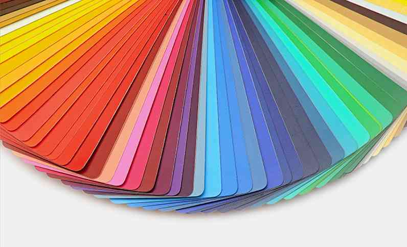 Rainbow of color swatches fanned out on a white surface