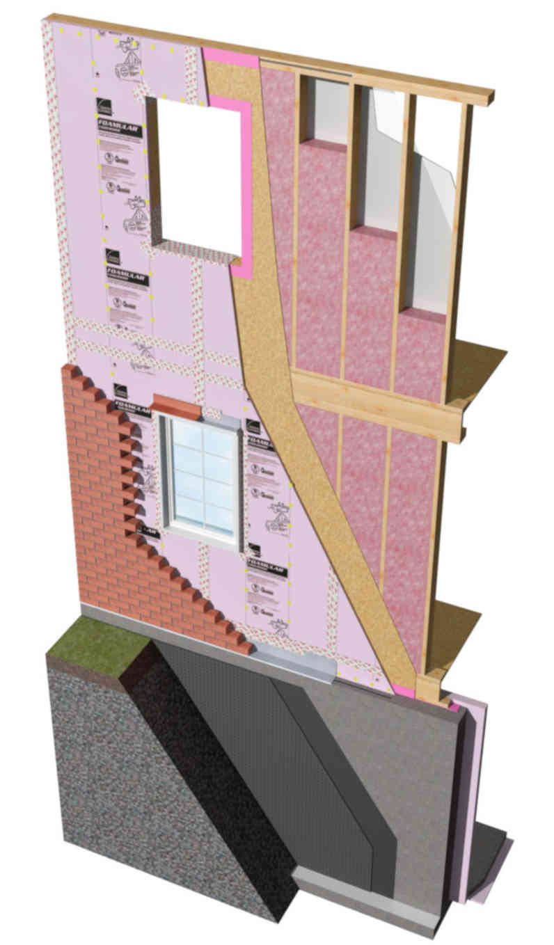 Parement de brique, isolant rigide et panneau OSB