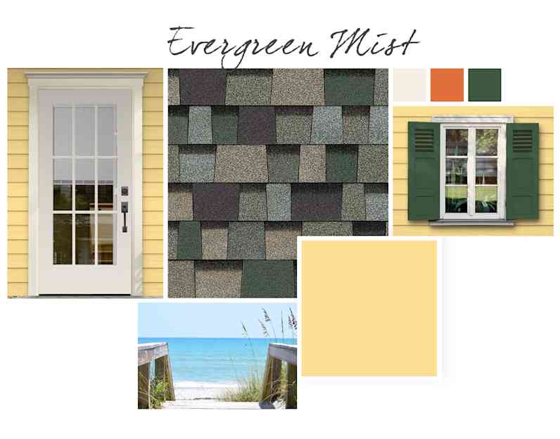 Sunny Veranda, Frost Bite, Knockout Orange and Evergreens paint colors compliment Evergreen Mist TruDefinition Duration Designer shingles.