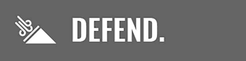  Gray banner with an icon showing the wind hitting the roof and the word "DEFEND".