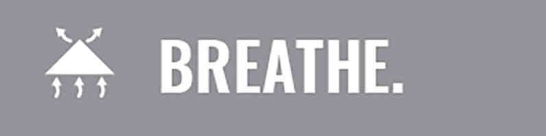 Light grey banner with the icon of air flow through the roofing system and the word "BREATHE."