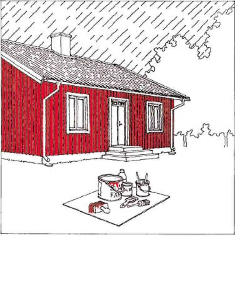 En illustration af husets rødmalede facade