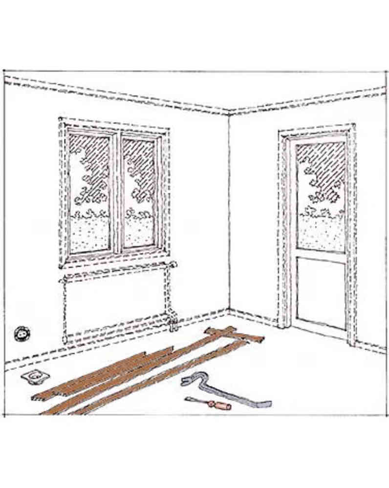 Begynn med å fjerne gulv- og taklister og foringer rundt dører og vinduer.