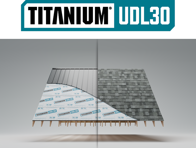 Titanium® UDL30 Logo above a photo of Titanium® UDL30 Synthetic Roofing Underlayment