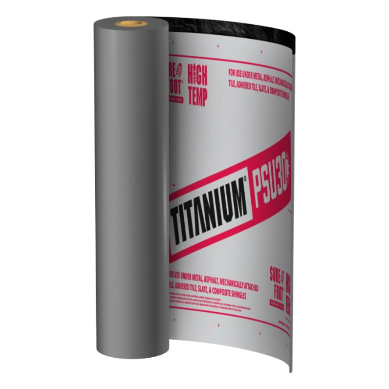 Rendering of Titanium® PSU30 roll partially unrolled to show facer and red logo.