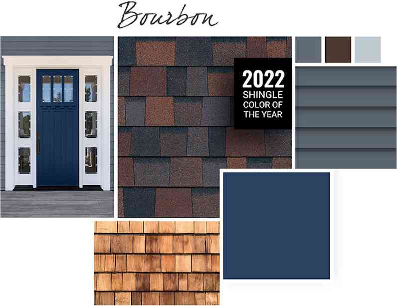 Bourbon shingle swatch surrounded by Dress Blues color palette of deep blue, cool-toned grays and warm brown.