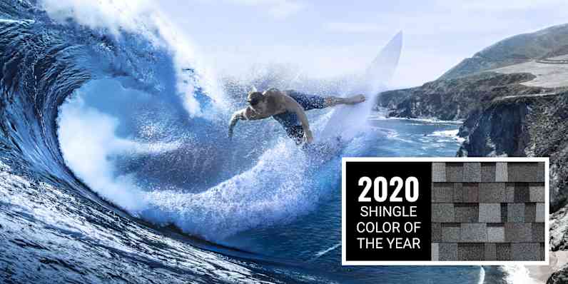 A montage of a man surfing in a curled wave composited atop a rocky coast leading to blue water with whitecap waves. Featured next to the scene is a swatch of Pacific Wave shingles, the 2020 Shingle Color of the Year, which are pale blue mixed with dark and light gray granules.