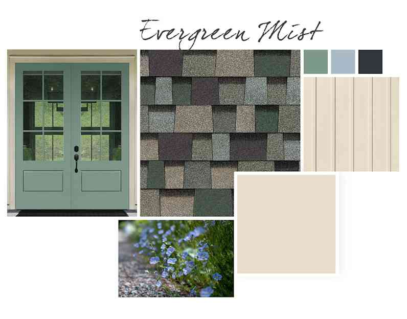 Polar Bear, Parisian Patina, Windy Blue and Inkwell paint colors compliment Evergreen Mist TruDefinition Duration Designer shingles.