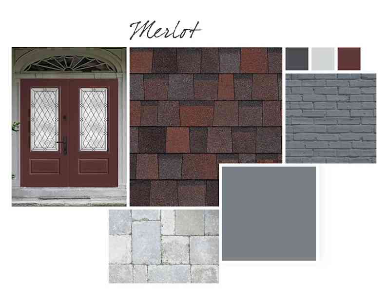 Muestra de tejas Merlot rodeada por la paleta de colores Downing Slate de rojos intensos y azules grisáceos.