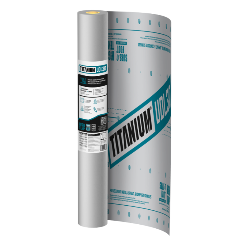 Rendering of Titanium® FR roll partially unrolled to show facer and teal logo.