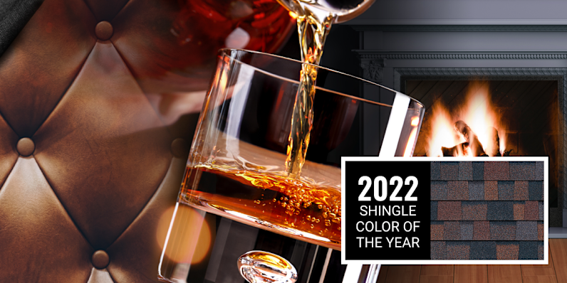 A montage with an eagle in flight up against tree trunk texture, set against a canyon with a river running through it. Featured next to the scene is a swatch of Sedona Canyon shingles, the 2017 Shingle Color of the Year, which combines burnt umber, chestnut and butterscotch hues with a twist of blue.