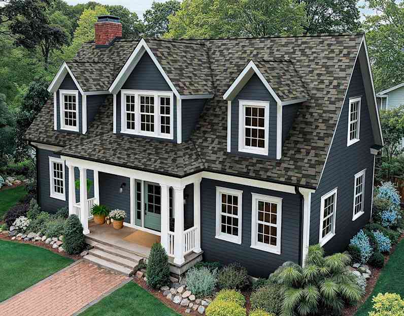 A deep blue two story house with a new Evergreen Mist roof.