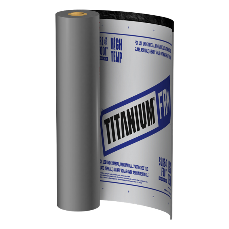 Rendering of Titanium® FR roll partially unrolled to show facer and blue logo.