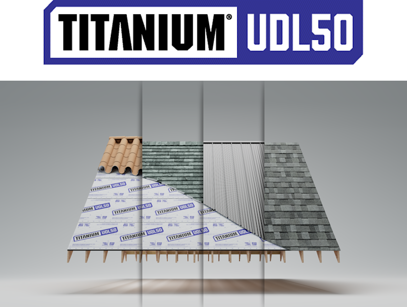 Titanium® UDL50 Logo above a photo of Titanium® UDL50 Synthetic Roofing Underlayment