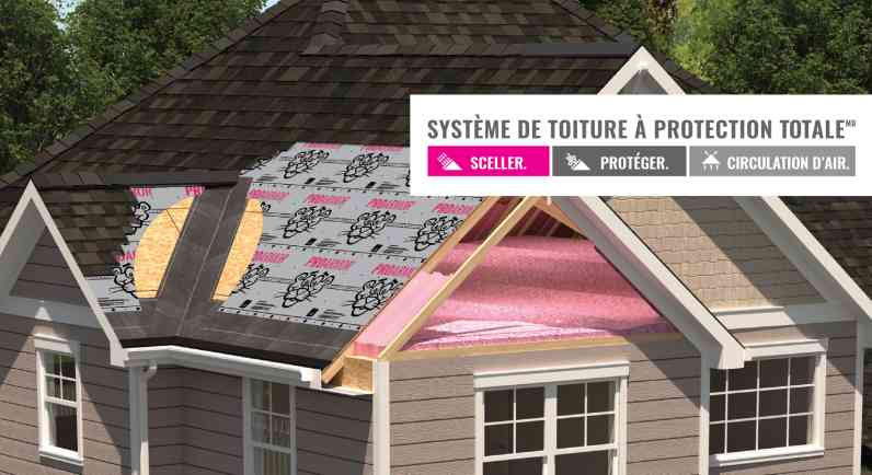 un graphique d'une maison montrant des couches de total protection roofing system