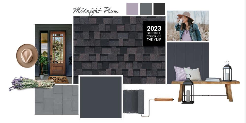 Composite image of Midnight Plum shingle swatch, dark grey, medium grey and lavender paint swatches, outdoor furniture, a women standing in a field with a lavender shirt, slate colored stone tile, and a medium brown wood front door.
