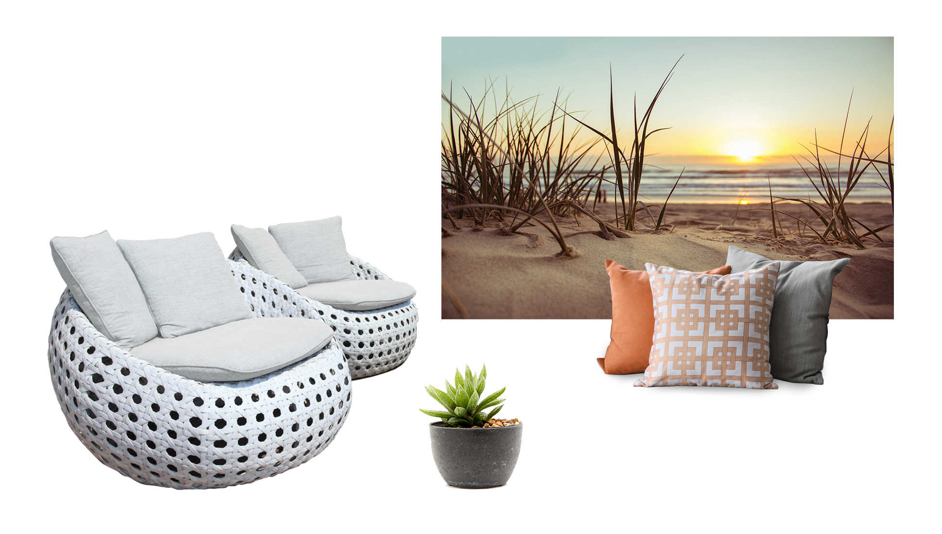 Soft outdoor seating is shown next to a picture of a beachy sunset, colorful throw pillows, and a succulent plant.