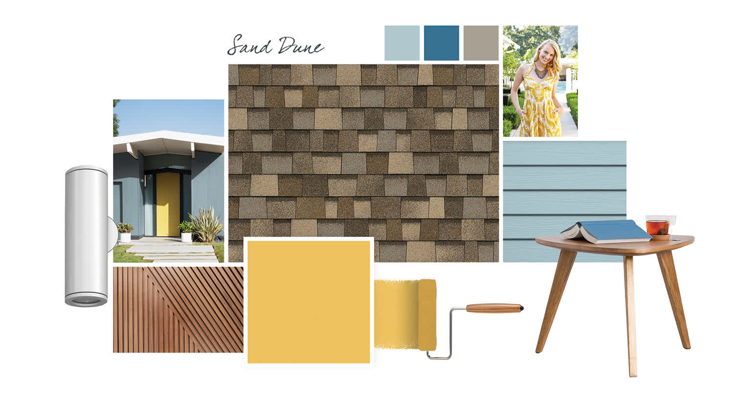 Sand Dune styleboard showing a Sand Dune colored shingle swatch, house with yellow front door, wooded pattern, coastal blue vinyl siding, woman in a yellow dress, yellow paint roller, and a small wooden side table with a blue book and a glass.