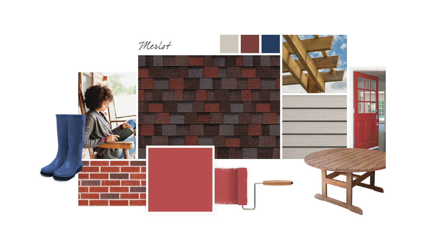 Merlot shingle style board showing Merlot shingle swatch with varying tones of deep reds, blues and browns, light tan vinyl siding, red brick, tall blue rain boots, red paint roller, wooden outdoor table, wooden pergola beams, and a red front door.