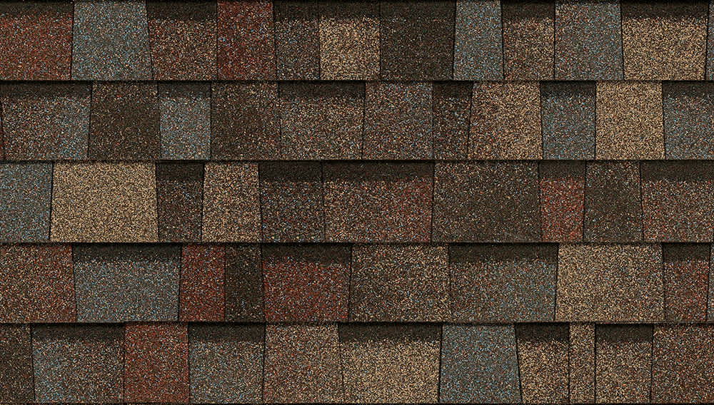 Summer Harvest shingle swatch featuring multiple granule colors mixed to become blue, red, yellow, and black tabs