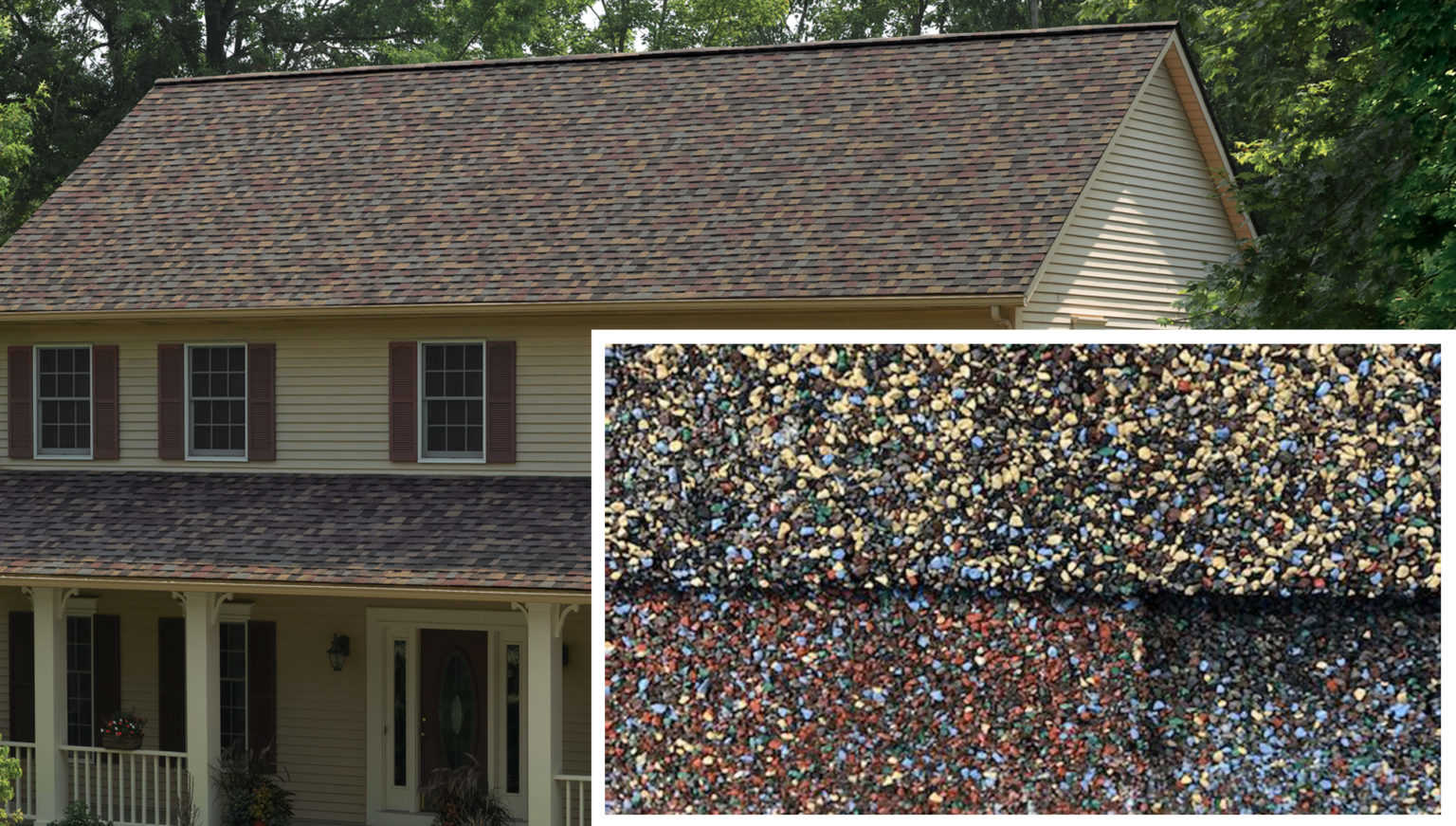 Yellow sided house with Summer Harvest shingles, side by side with a closeup image showing the detail of the Summer Harvest granules