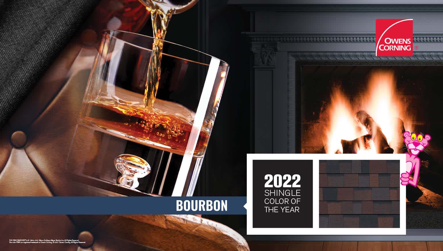 Montage with leather, bourbon pouring into a rocks glass with a cozy fire in the background. Layered over the montage image is a Bourbon shingle swatch with “2022 Shingle Color of the Year” text.