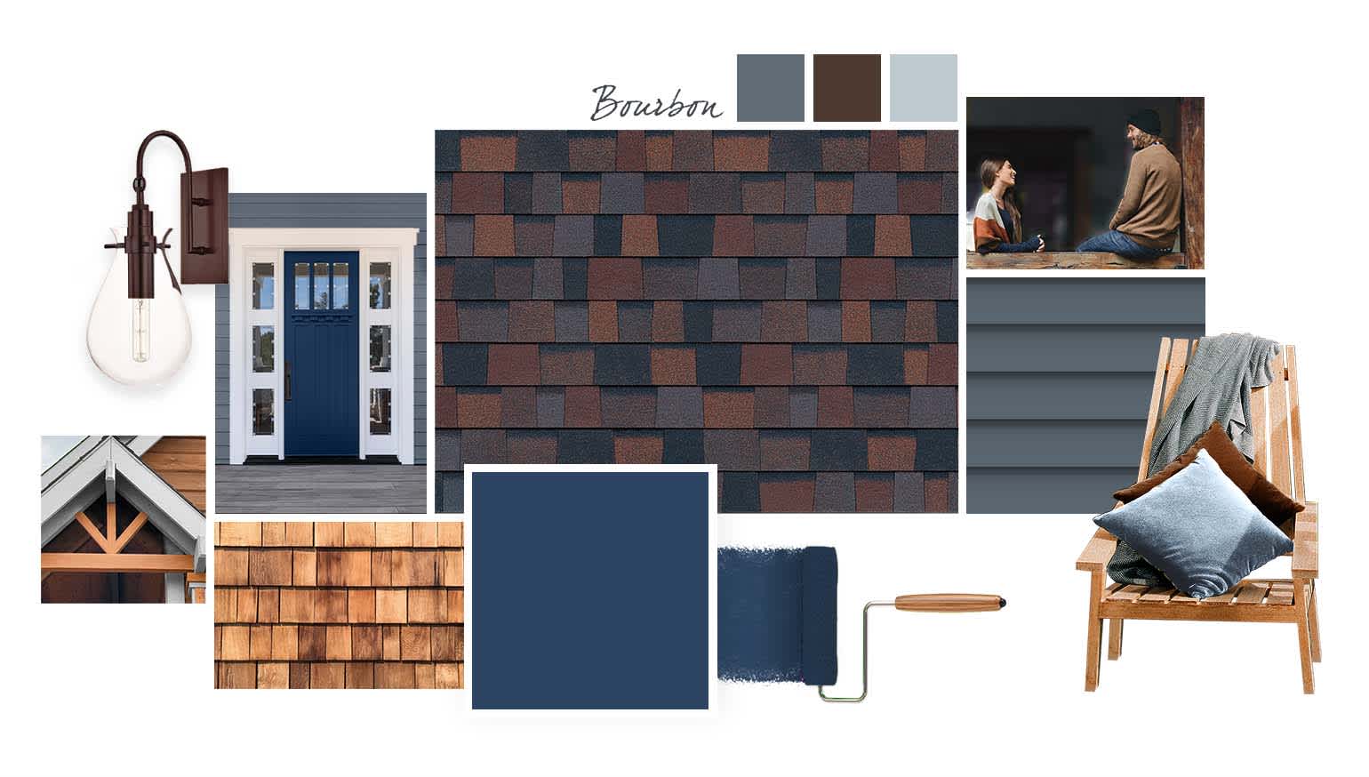 Bourbon style board image with bourbon swatch, incorporating design elements in shades of blue, gray, and brown