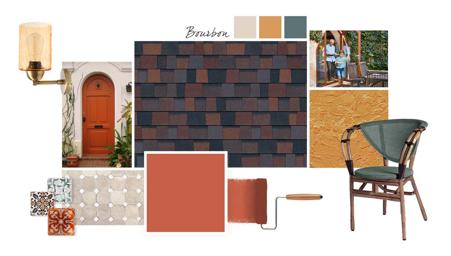 Bourbon style board image with bourbon swatch, incorporating design elements in shades of yellow, orange, and green