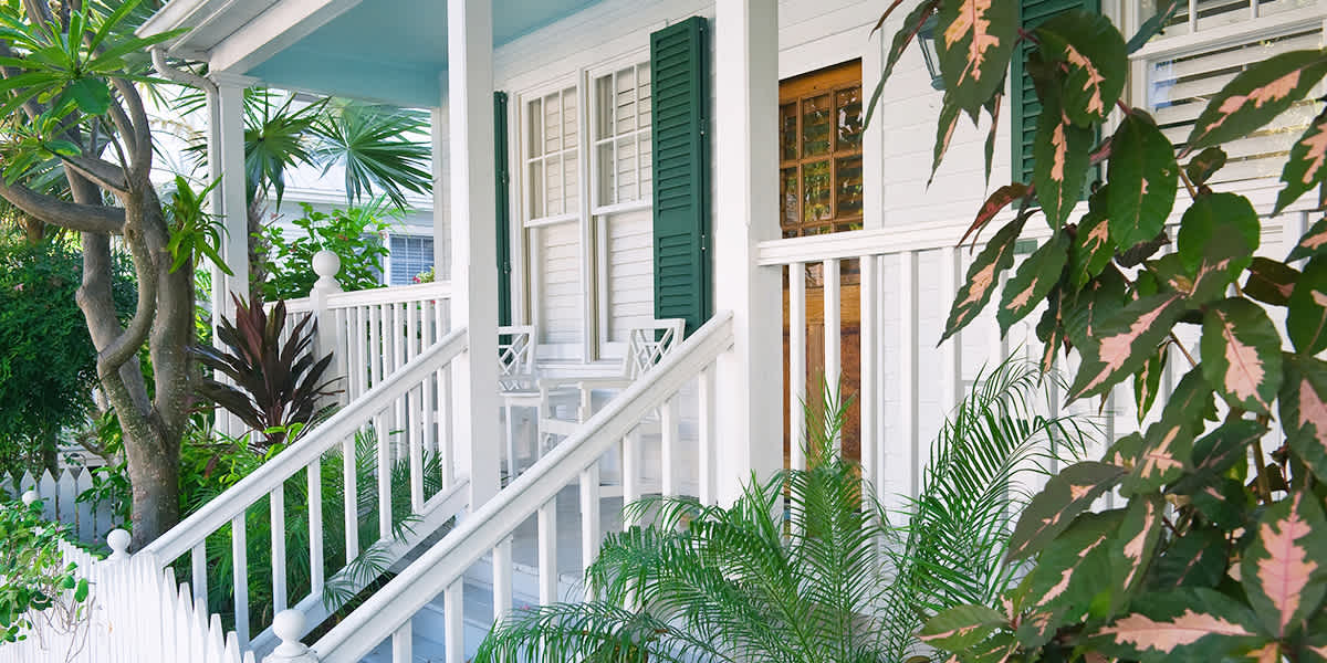 Close up of white house with a covered white porch with stairs, medium tone wood door, green shutters, and a lot of green plants around the porch.