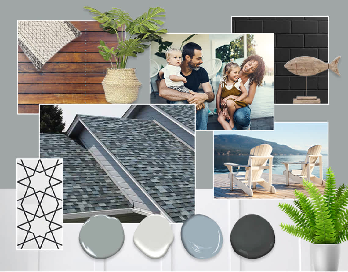 Tablero de estilo que muestra una casa con tejas azules Pacific Wave, cubierta de madera noble, paneles blancos, pintura gris, sillas Adirondack blancas y ladrillo negro.