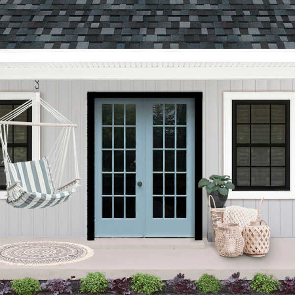 Coastal style front porch with cool color palette