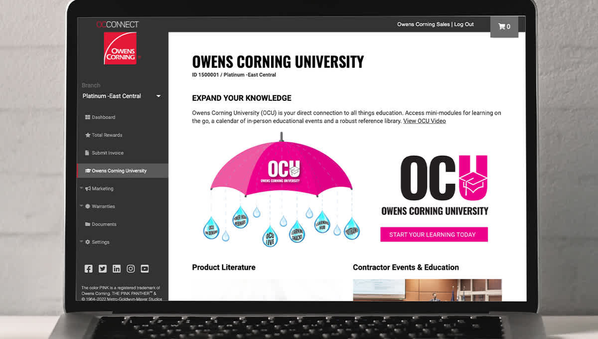 Laptop with browser showing the Owens Corning Contractor Network portal navigated to the Owens Corning University