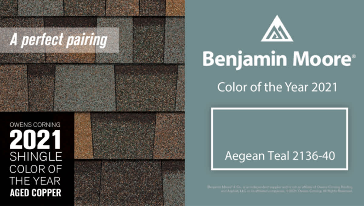 2021 Shingle Color of the Year: Aged Copper swatch next to Benjamin Moore 2021 Color of the Year swatch: Aegean Teal 2136-40