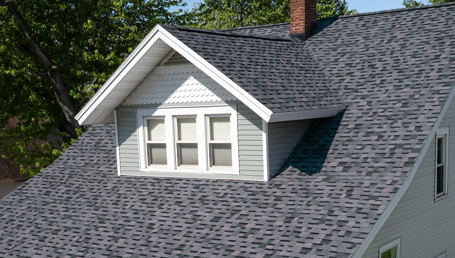 House with light grey siding, white scalloped accents, and Midnight Plum roofing shingles