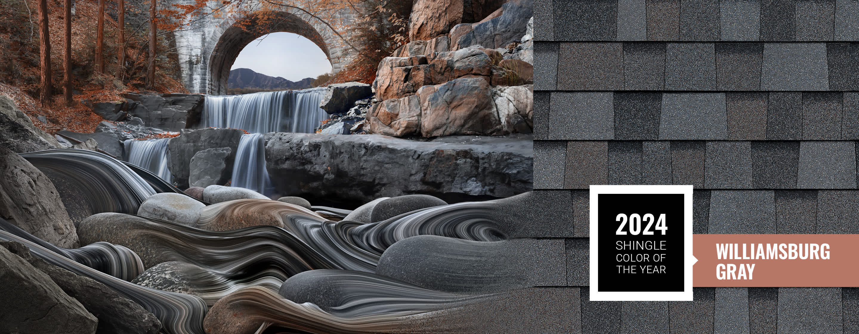 Imagen de montaje de agua que fluye arremolinándose en rocas combinada con el color de tejas del año 2024 Williamsburg Gray