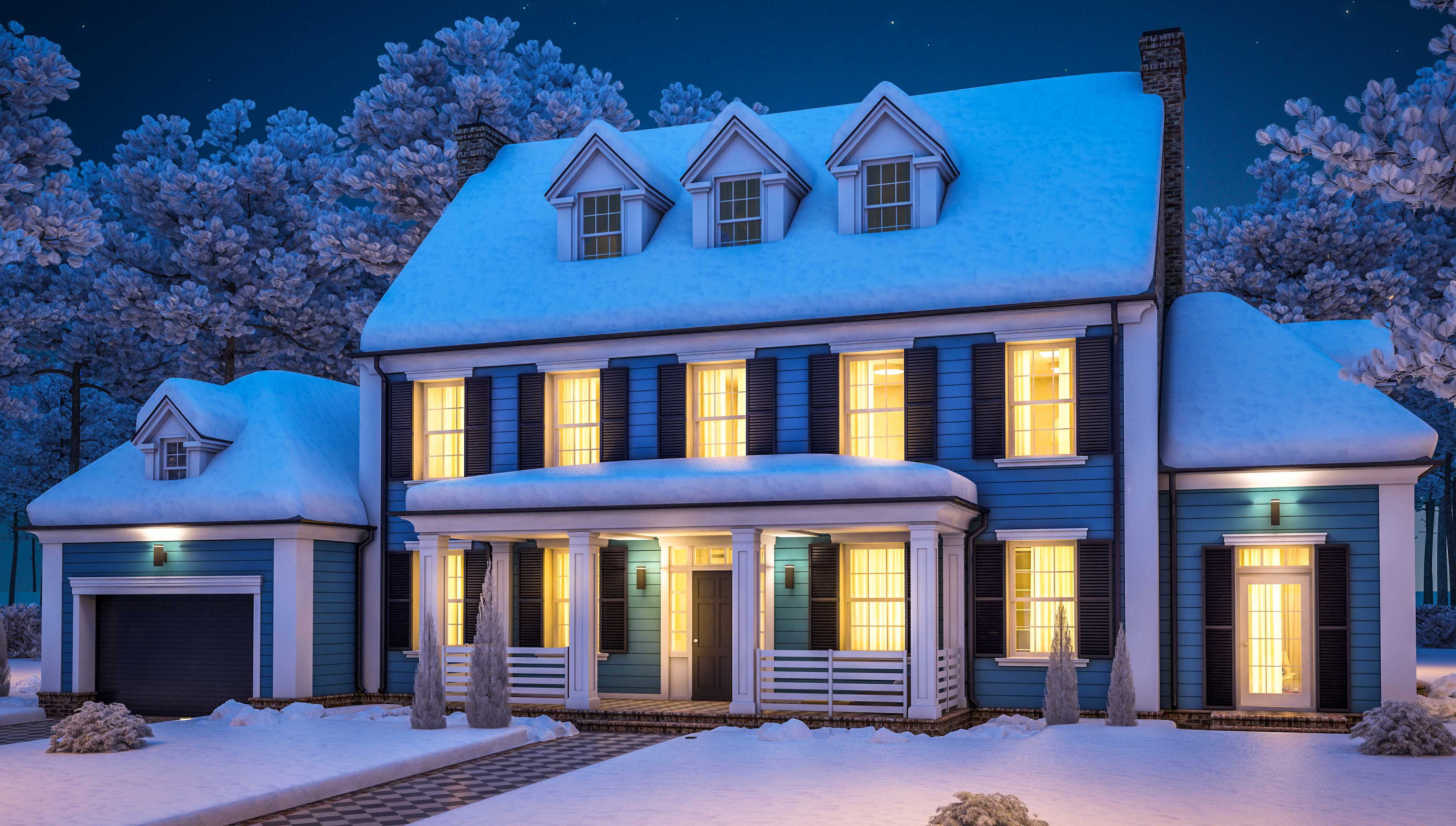 Colonial style home with covered porch and three dormers covered in thick blanket of snow