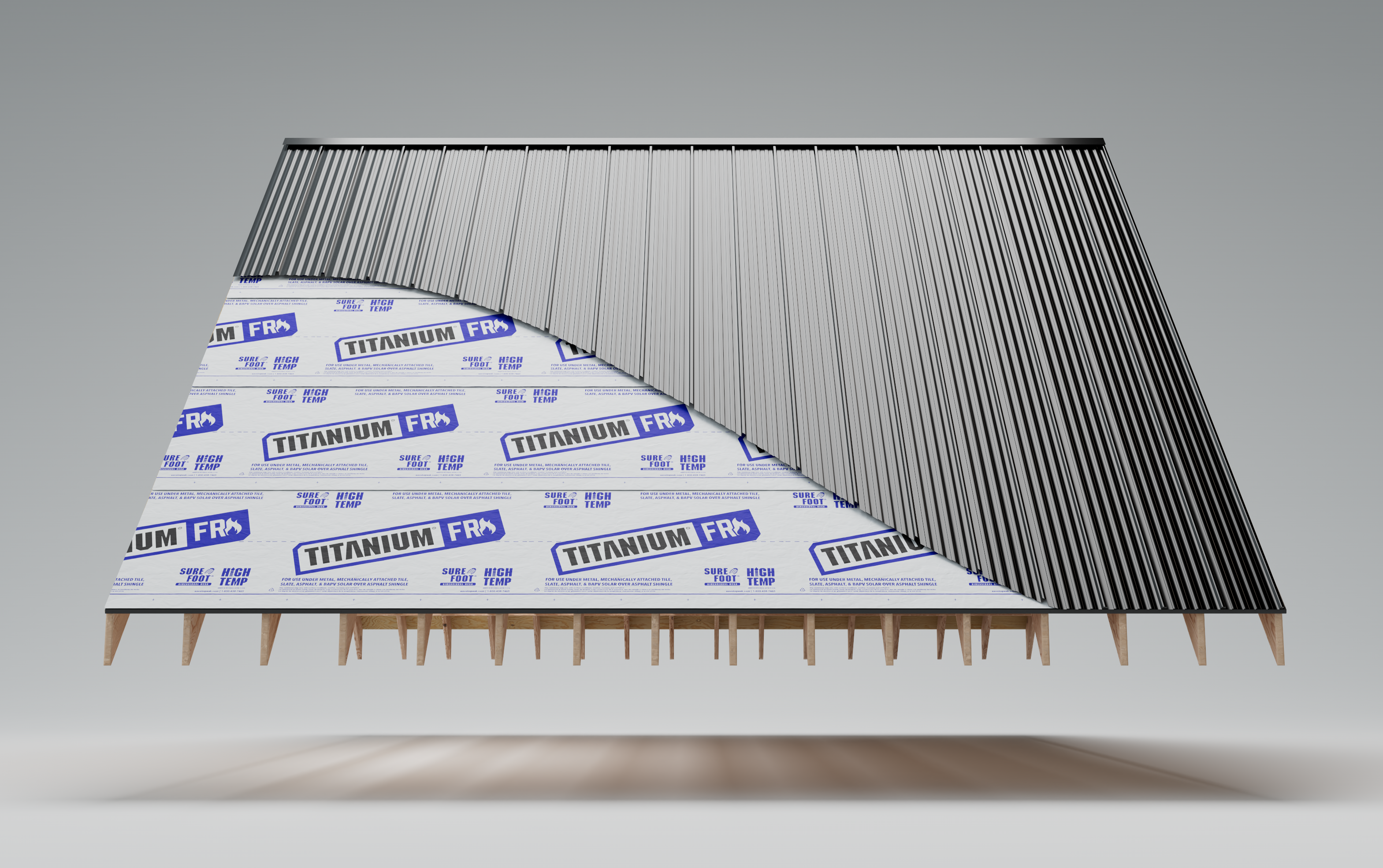 Roof deck showing Titanium FR on the left side, and metal roof cladding installed on top of the underlayment on the right side