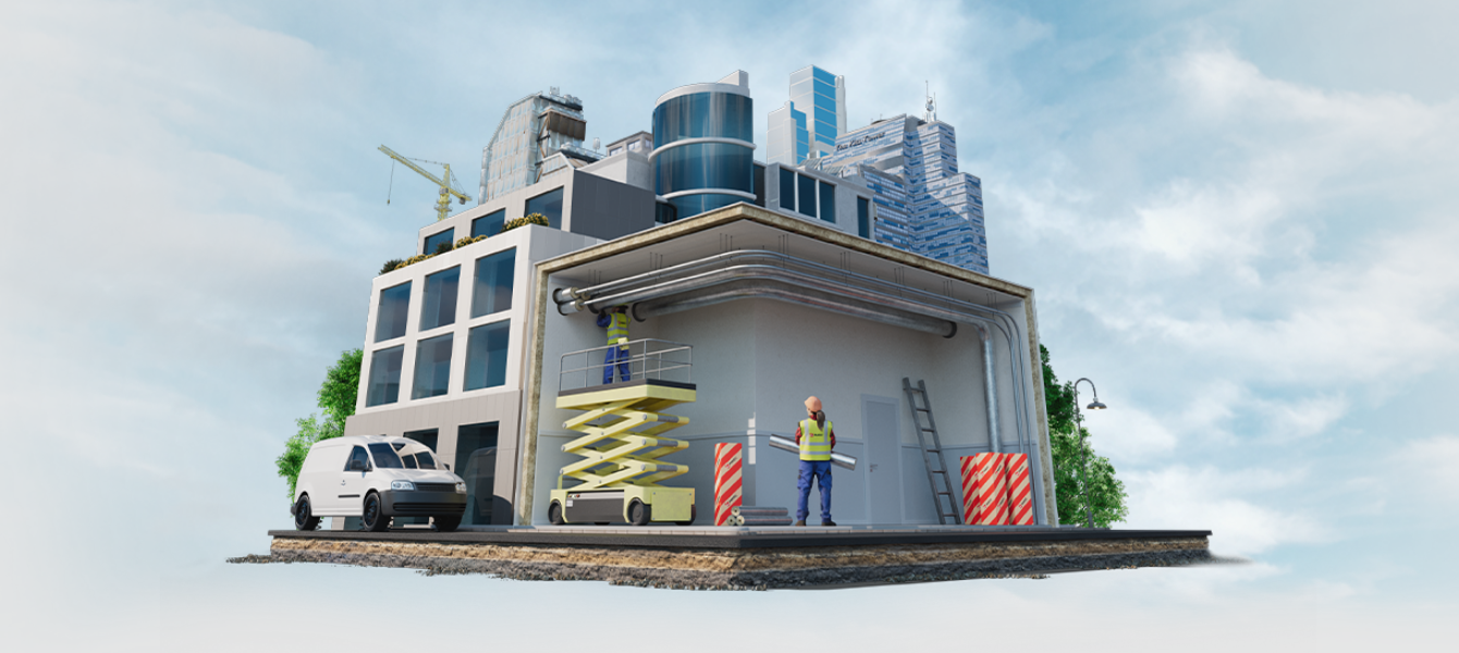 Illustrierte Montage von Rohrisolierung und Rohrdurchführung mit PAROC Hvac Section AluCoat T