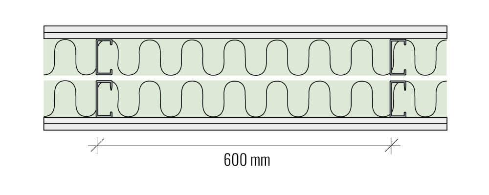 dubble stommar med luftspalt i mellan. Två lager gips på båda sidor.
