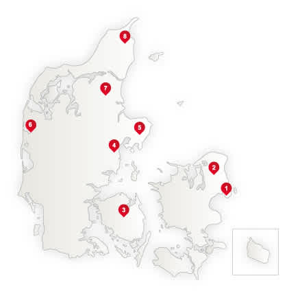 et kort over PAROC-blæseuldsforhandlere i Danmark