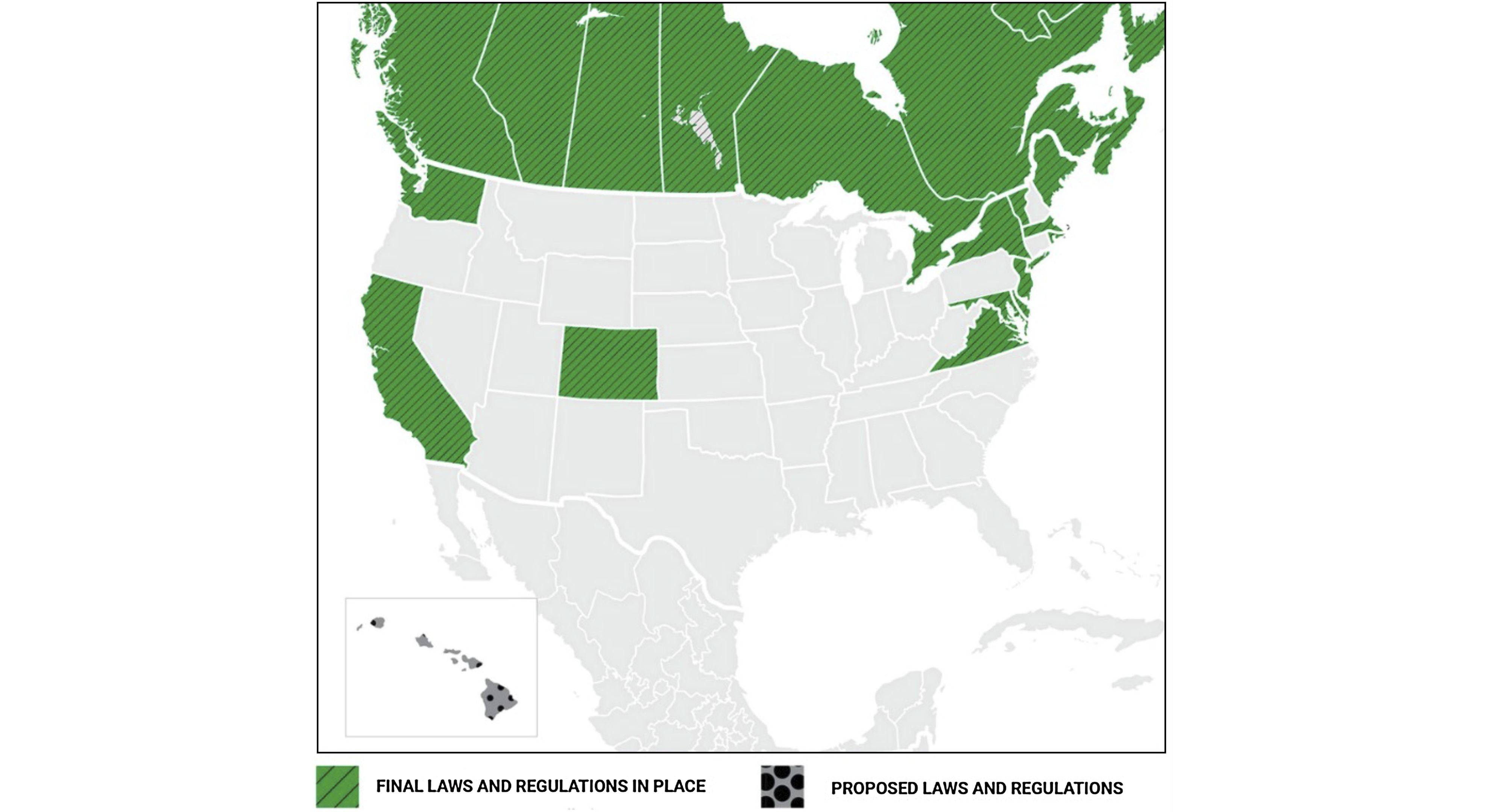 Highlighted map of U.S. states and Canadian territories that have adopted regulations to lower the global warming potential of blowing agents