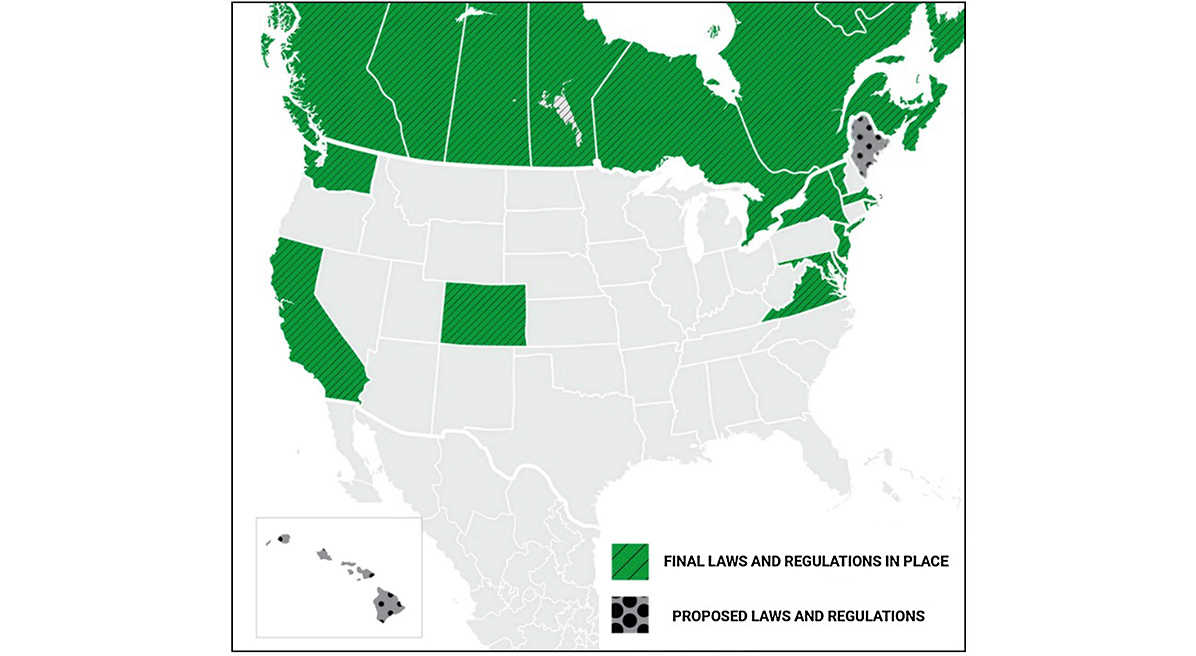 Highlighted map of U.S. states and Canadian territories that have adopted regulations regarding the allowable GWP level of blowing agents