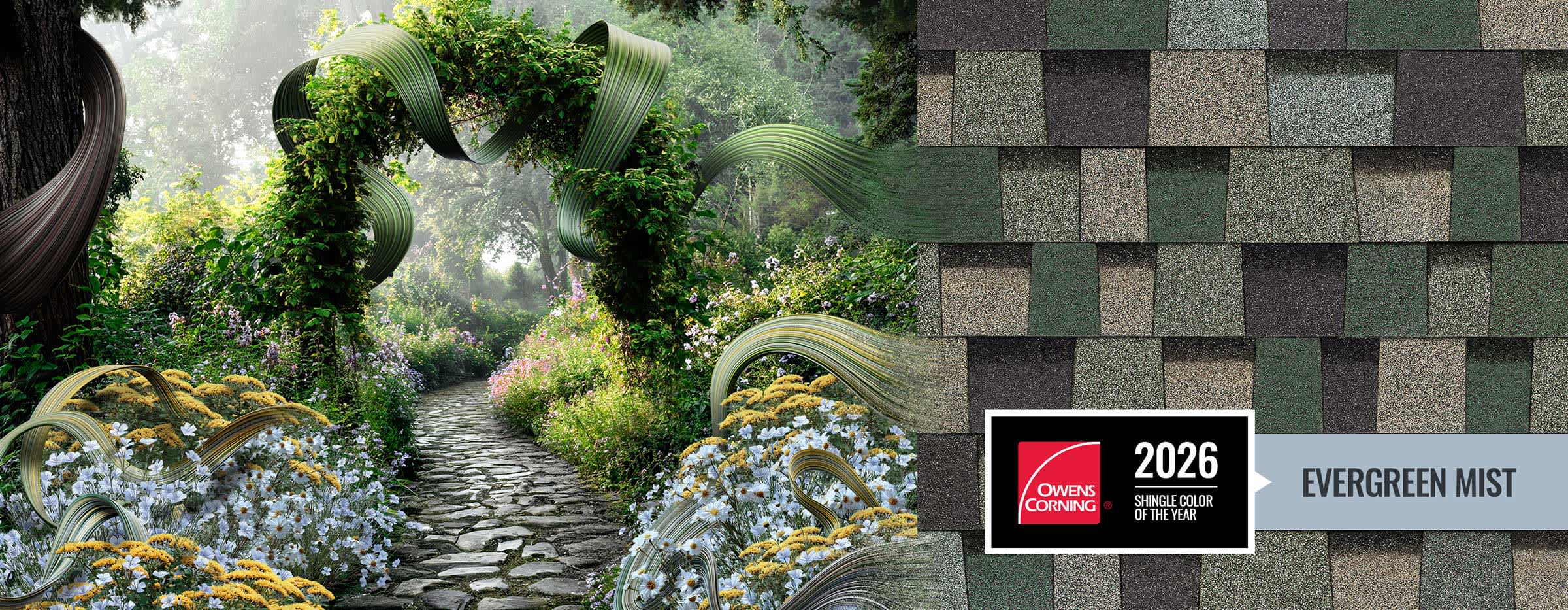 Montage image of a stone walking path surrounded by trees and wildflowers set against the 2026 Shingle Color of the Year Evergreen Mist.